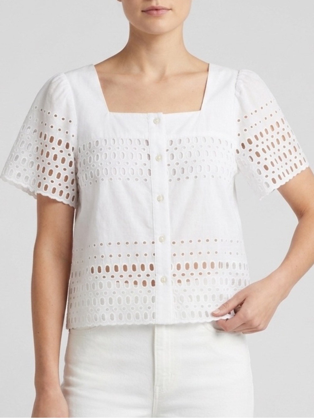 Calypso St. Barth 100% Cotton White Eyelet Square Neck Button Front Crop Blouse